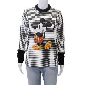 Shiatzy Chen Womens Long Sleeve Crew Neck Striped Sweatshirt White Black Size 8